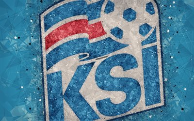 Iceland national football team, 4k, geometric art, logo, blue abstract background, UEFA, emblem, Iceland, football, grunge style, creative art