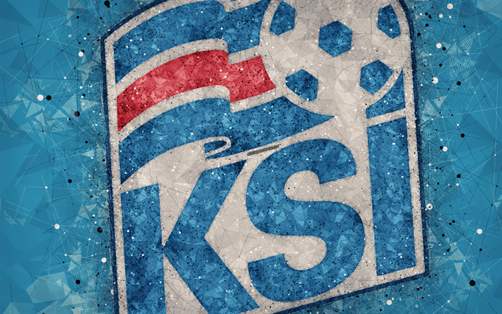 أيسلندا الوطني لكرة القدم, 4k, الهندسية الفنية, شعار, الزرقاء مجردة خلفية, الاتحاد الاوروبي, أيسلندا, كرة القدم, أسلوب الجرونج, الفنون الإبداعية