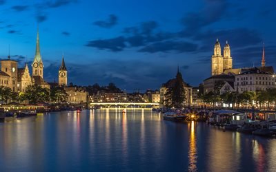 Zurich, evening, Grossmunster, bridge, Romanesque-style Switzerland