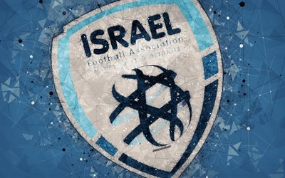 Israel national football team, 4k, geometric art, logo, blue abstract background, UEFA, emblem, Israel, football, grunge style, creative art