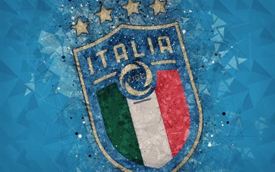 Italy national football team, new logo, 4k, geometric art, logo, blue abstract background, UEFA, new emblem, Italy, football, grunge style, creative art
