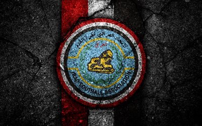 4k, Iraq football team, logo, AFC, football, asphalt texture, soccer, Iraq, Asia, Asian national football teams, Iraqi national football team