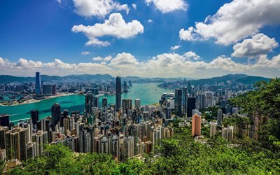 Hong Kong, yaz, panorama, g&#246;kdelenler, Metropol, Asya, &#199;in