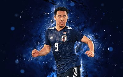 Shinji Okazaki, 4k, arte astratta, Squadra Nazionale giapponese, fan art, Okazaki, calcio, calciatori, luci al neon, squadra di calcio Giapponese