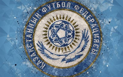Kazakhstan national football team, 4k, geometric art, logo, blue abstract background, UEFA, emblem, Kazakhstan, football, grunge style, creative art