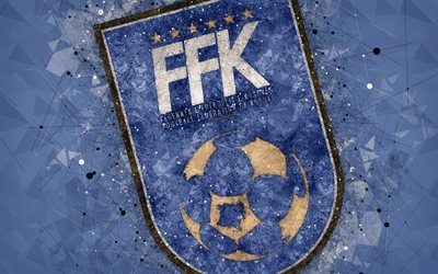 Kosovo national football team, 4k, geometric art, logo, blue abstract background, UEFA, emblem, Republic of Kosovo, football, grunge style, creative art