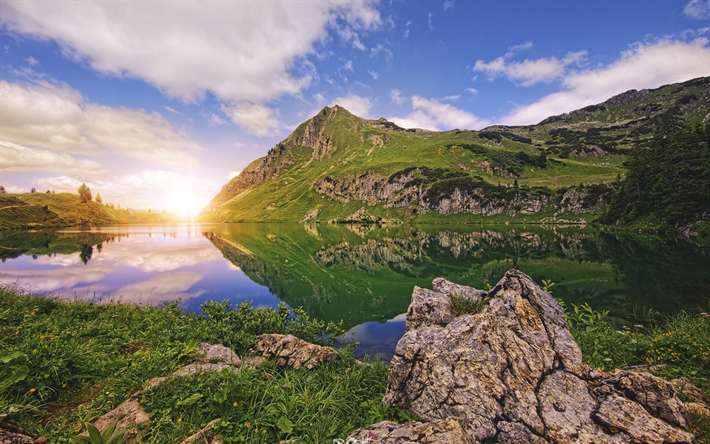 mountain lake, sunset, kv&#228;ll, bergslandskapet, lugn begrepp, lyx landskap, USA