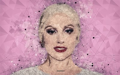 Lady Gaga, 4k, art, portrait, creative geometric art, face, pink abstract background, American singer, Stefani Joanne Angelina Germanotta