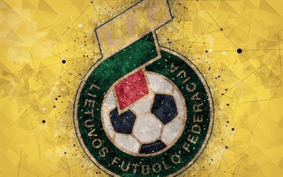 Lithuania national football team, 4k, geometric art, logo, yellow abstract background, UEFA, emblem, Lithuania, football, grunge style, creative art