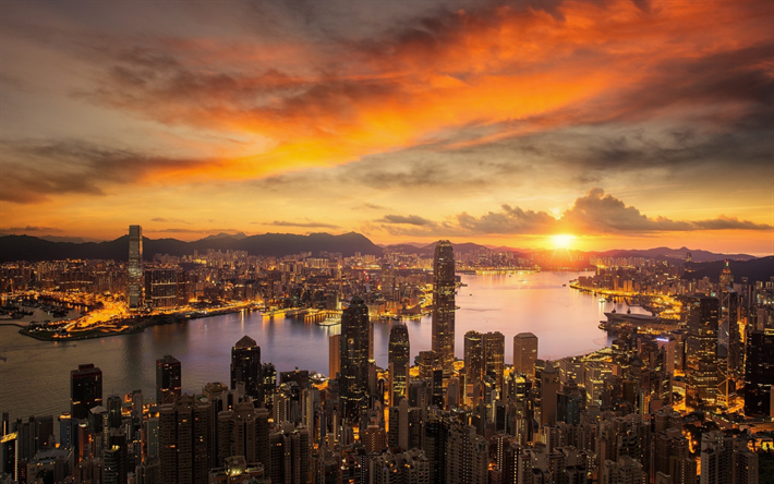 International Commerce Centre, Hong Kong, tramonto, metropoli, grattacieli, Central Plaza, Cina