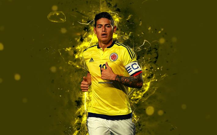 James Rodriguez, 4k, arte astratta, Colombia, Squadra Nazionale, fan art, Rodriguez, calcio, calciatori, luci al neon, il Colombiano squadra di calcio