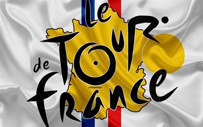 Tour de France, 2018, 4k, multiple stage bicycle race, logo, silk texture, silhouettes of map of France, white silk flag, French flag, France, bicycle race