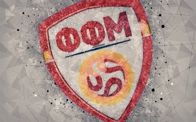 Macedonia national football team, 4k, geometric art, logo, gray abstract background, UEFA, emblem, Macedonia, football, grunge style, creative art