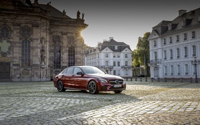 Mercedes-Benz C43 4MATIC, 2018, 4k, exterior, red sedan, tuning, new red C43, German cars, Mercedes-AMG