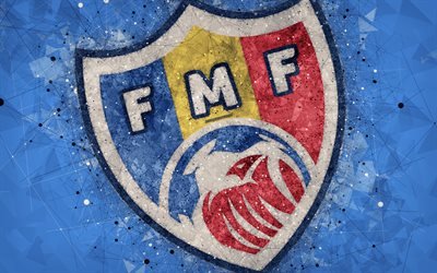 Moldavia national football team, 4k, geometric art, logo, blue abstract background, UEFA, emblem, Moldova, football, grunge style, creative art