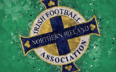 Northern Ireland national football team, 4k, geometric art, logo, green abstract background, UEFA, emblem, Northern Ireland, football, grunge style, creative art