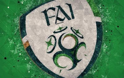 Ireland national football team, 4k, geometric art, logo, green abstract background, UEFA, emblem, Republic of Ireland, football, grunge style, creative art