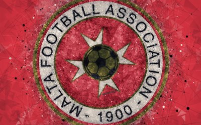 Malta national football team, 4k, geometric art, logo, red abstract background, UEFA, emblem, Malta, football, grunge style, creative art
