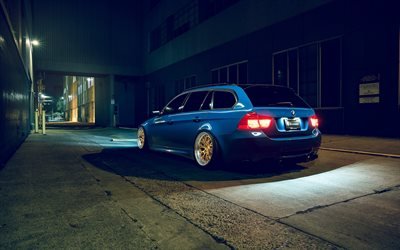 BMW 3 Touring, rear view, blue 3 series, night evening, Stance, tuning E91, BMW