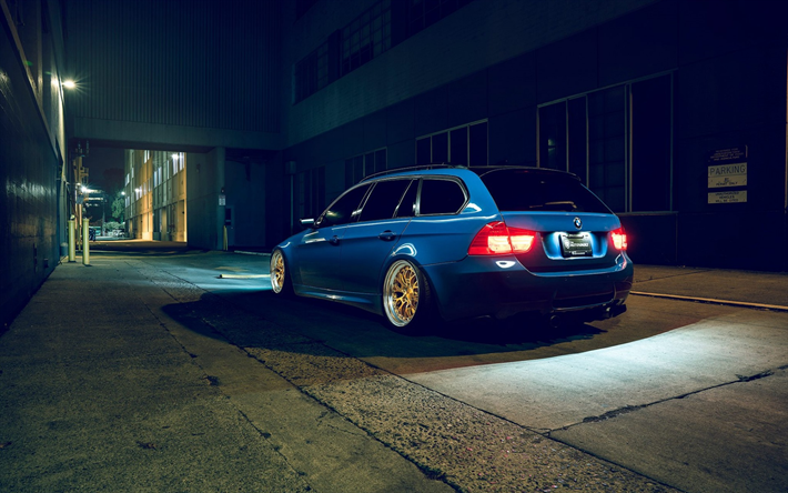 BMW 3 Touring, takaa katsottuna, sininen 3-sarja, illalla illalla, Viritys, tuning E91, BMW