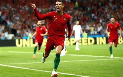 Cristiano Ronaldo, goal, Portuguese football team, Russia 2018, CR7, artwork, soccer, Ronaldo, footballers, drawing Cristiano Ronaldo, joy, Portugal National Team
