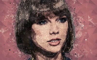 Taylor Swift, 4k, art, portrait, creative geometric art, American singer, pink abstract background