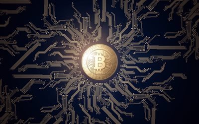 bitcoin, kripto para birimi işareti, mavi teknolojik altyapı, finans kavramları, elektronik para, altın sikke