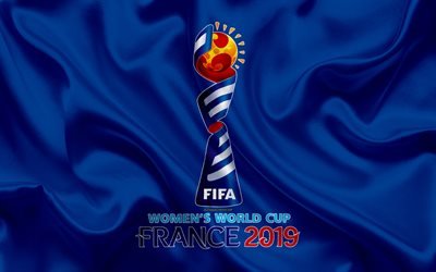 2019 FIFA Donne di Coppa del Mondo, logo, 4k, in seta blu, texture, Francia 2019, seta, bandiera, womens calcio, emblema, Parc Olympique Lyonnais, calcio