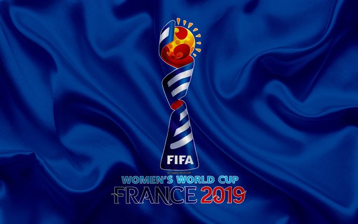 2019 FIFA Kadınlar D&#252;nya Kupası, logosu, 4k, mavi ipek doku, 2019 Fransa, ipek bayrak, futbol, amblem, Parc Olympique Lyonnais, futbol kadın