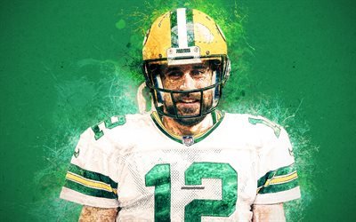 aaron rodgers, green bay packers, 4k, grunge, kunst, american football, portrait, nfl, usa, gr&#252;n, hintergrund, malen, national football league, aaron charles rodgers