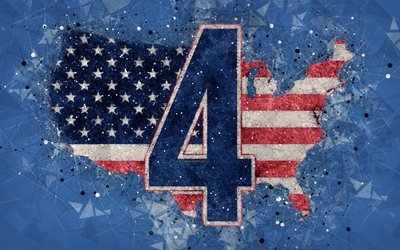 Dia da independ&#234;ncia, Quatro de julho, EUA, 4K, criativo arte geom&#233;trica, 4 de julho de, 2018, Estados Unidos, Mapa dos EUA, abstra&#231;&#227;o, Bandeira americana, azul resumo de plano de fundo