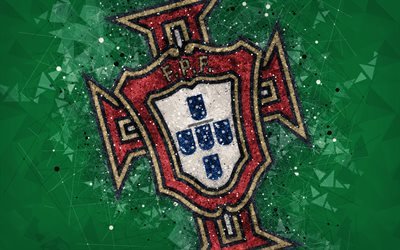 Portugal national football team, 4k, geometric art, logo, green abstract background, UEFA, emblem, Portugal, football, grunge style, creative art
