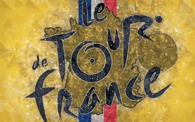 Tour de France, Hein&#228;kuuta 2018, 4k, luova geometrinen art, logo, grunge, Ranskan kartta, tunnus, keltainen abstrakti tausta, Ranska, polkupy&#246;r&#228;n rotu