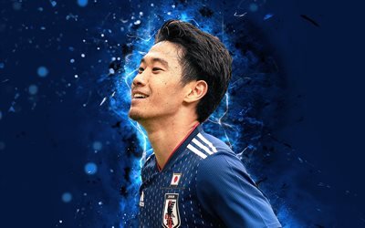 Shinji Kagawa, 4k, arte astratta, Squadra Nazionale giapponese, fan art, Kagawa, calcio, calciatori, luci al neon, squadra di calcio Giapponese