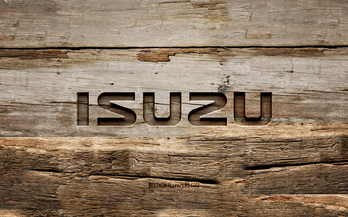 Isuzu wooden logo, 4K, wooden backgrounds, cars brands, Isuzu logo, creative, wood carving, Isuzu