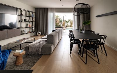 sala de estar, design de interiores elegante, mesa longa preta, ideia de sala de estar, casa de campo, interior moderno