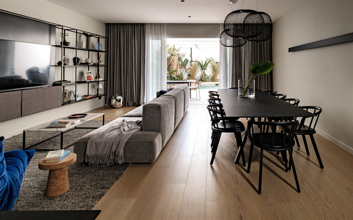 living room, stylish interior design, black long table, living room idea, country house, modern interior