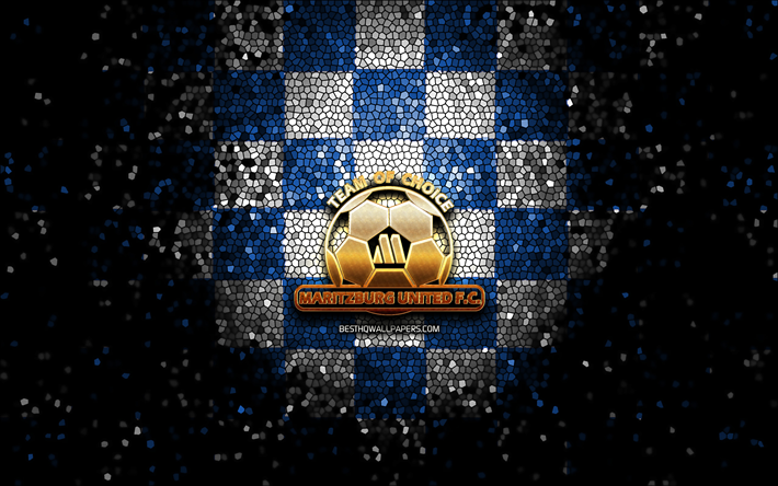 Maritzburg United FC, glitter logo, Premier Soccer League, blue white checkered background, soccer, South African football club, Maritzburg United logo, mosaic art, football, PSL
