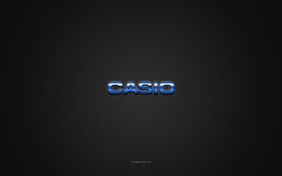 Casio logo, blue shiny logo, Casio metal emblem, gray carbon fiber texture, Casio, brands, creative art, Casio emblem
