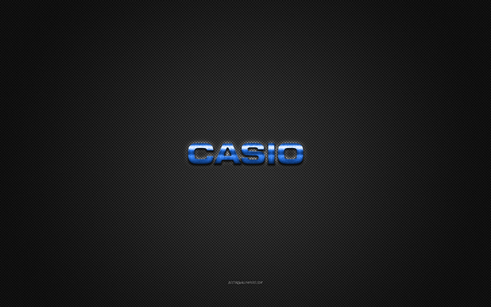casio-logo, sininen kiilt&#228;v&#228; logo, casio-metallitunnus, harmaa hiilikuiturakenne, casio, tuotemerkit, luova taide, casio-tunnus