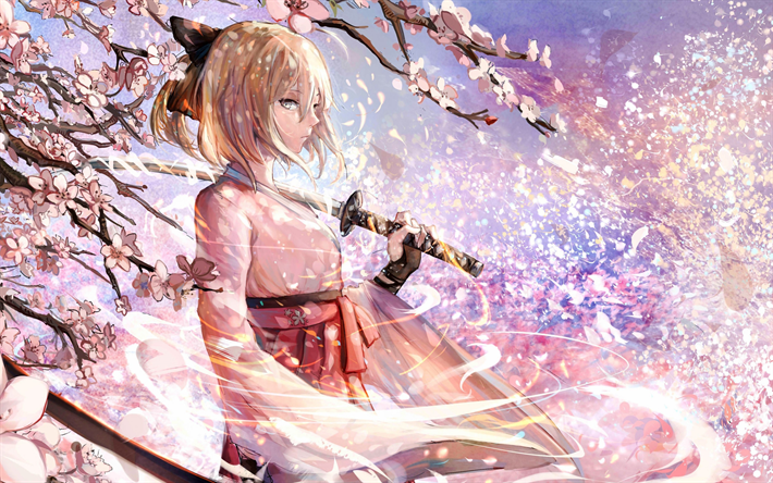 Fate Grand Order, Mash Kyrielight, Japanese manga, anime characters, Fate Grand Order characters, cherry blossoms, spring, samurai sword