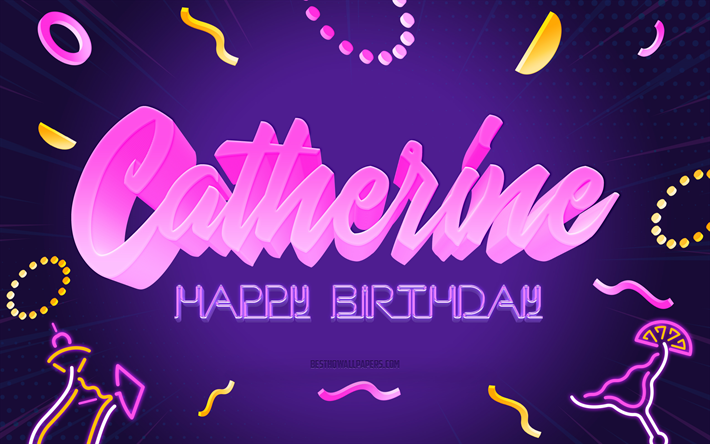 joyeux anniversaire catherine, 4k, purple party background, catherine, art cr&#233;atif, catherine nom, catherine anniversaire, f&#234;te d anniversaire fond