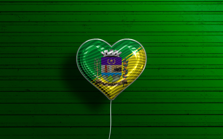 I Love Mesquita, 4k, realistic balloons, green wooden background, Day of Mesquita, brazilian cities, flag of Mesquita, Brazil, balloon with flag, cities of Brazil, Mesquita flag, Mesquita