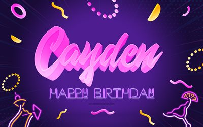 Happy Birthday Cayden, 4k, Purple Party Background, Cayden, creative art, Happy Cayden birthday, Cayden name, Cayden Birthday, Birthday Party Background