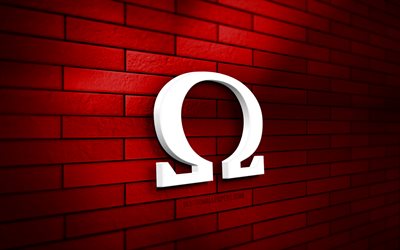 Omega 3D logo, 4K, red brickwall, creative, brands, Omega logo, 3D art, Omega