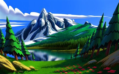 4k, abstract landscapes, 3D art, summer, river, mountains, creative, 3D landscapes, abstract nature, drawing landscapes