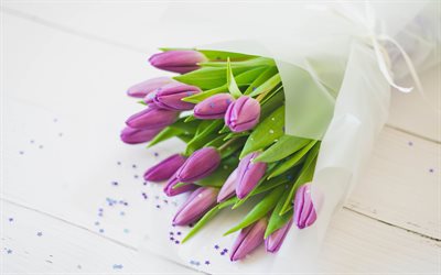 4k, bouquet di tulipani viola, fiori primaverili, tulipani, sfondo con tulipani, bellissimo bouquet, tulipani viola