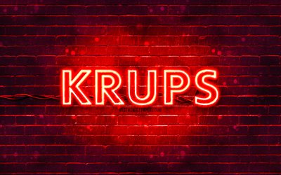 Krups red logo, 4k, red brickwall, Krups logo, brands, Krups neon logo, Krups