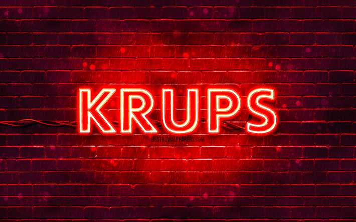 logo krups rosso, 4k, muro di mattoni rosso, logo krups, marchi, logo al neon krups, krups