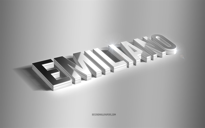 emiliano, silver 3d konst, gr&#229; bakgrund, tapeter med namn, emiliano namn, emiliano gratulationskort, 3d konst, bild med emiliano namn